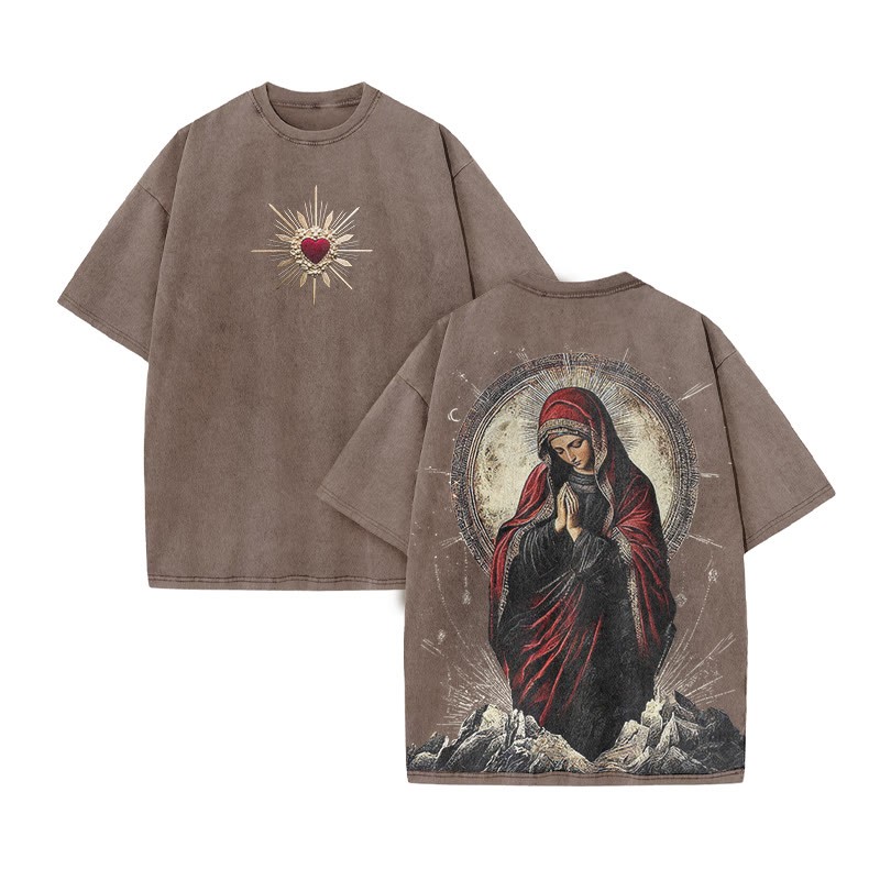 Virgin Mary Religious Streetwear Print Acid Washed T-shirt - Coffee - US20-22(3XL) - image 5