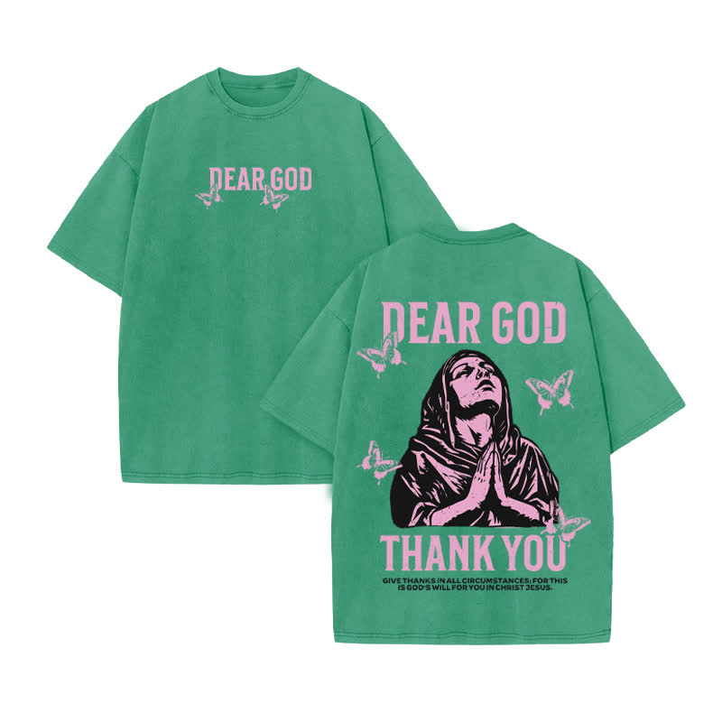 Unisex Thank You Dear God Print Acid Washed T-shirt - Green - US20-22(3XL) - image 7