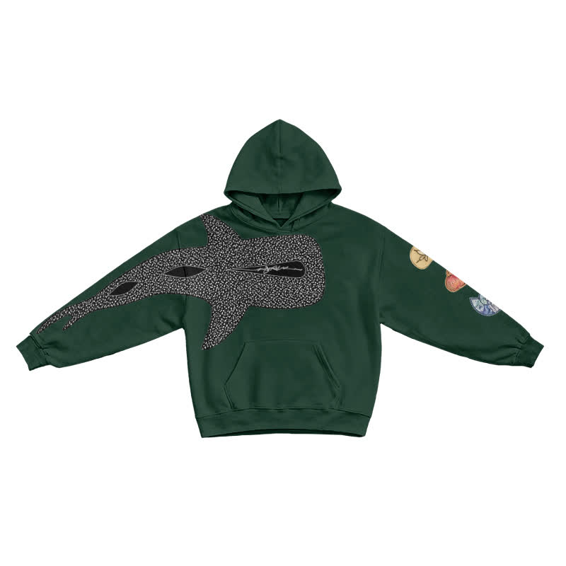 Urban Streetwear Asymmetric Fish Motif Long Sleeve Graphic Print Hoodie - Dark Green - US16-18(2XL) - image 4