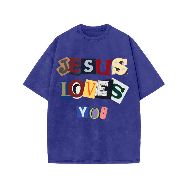 Unisex 100% Cotton JESUS LOVES YOU Print Acid Washed T-shirt - Blue - US20-22(3XL) - image 8