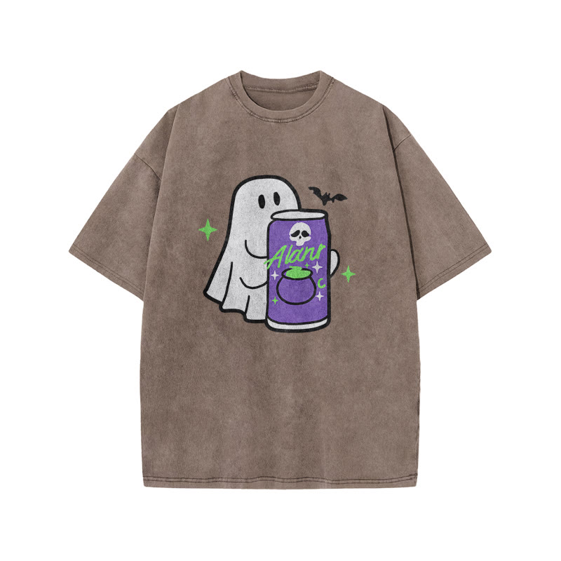 Unisex 100% Cotton Cute Ghost Print Acid Washed T-shirt - Coffee - US20-22(3XL) - image 5