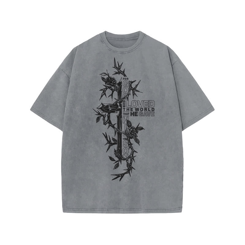 Unisex 100% Cotton Scripture Cross Design Print Acid Washed T-shirt - Grey - US20-22(3XL) - image 4
