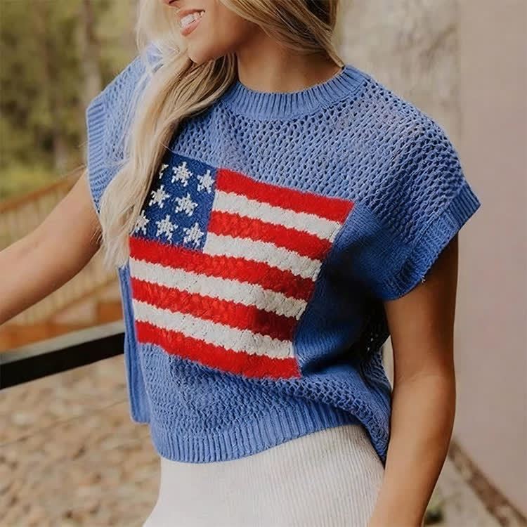 Summer Women's Flag Cutout Design Knitted T-shirt - image 7