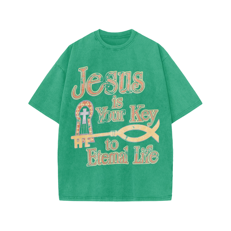 Jesus Is Your Key To Eternal Life Print Acid Washed T-shirt - Green - US20-22(3XL) - image 9