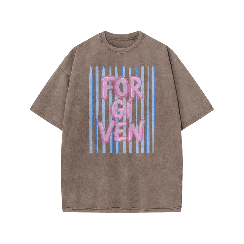Forgiven Stripe Print Acid Washed T-shirt - Coffee - US20-22(3XL) - image 7