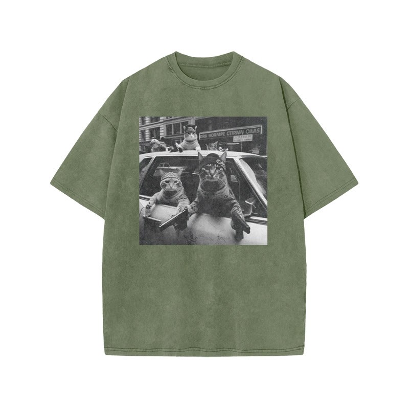 Funny Cat Gang Print Acid Washed T-shirt - Army Green - US20-22(3XL) - image 5