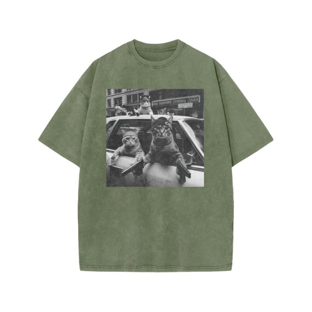 Funny Cat Gang Print Acid Washed T-shirt - Army Green - US20-22(3XL) - image 5