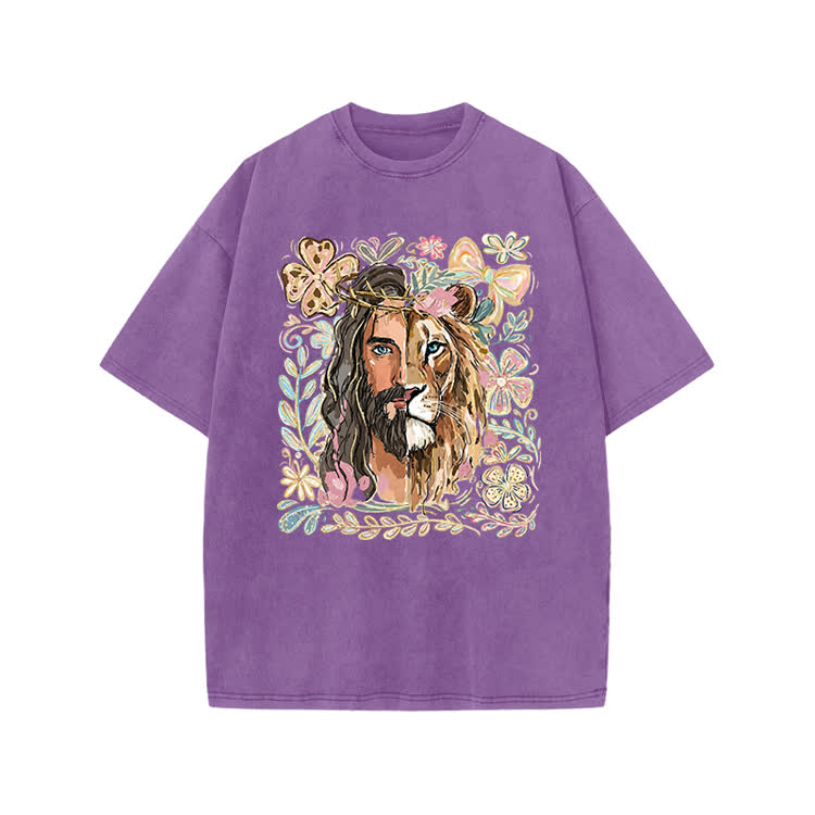 Vintage Lion Portrait Print Acid Washed T-shirt - Purple - US20-22(3XL) - image 3
