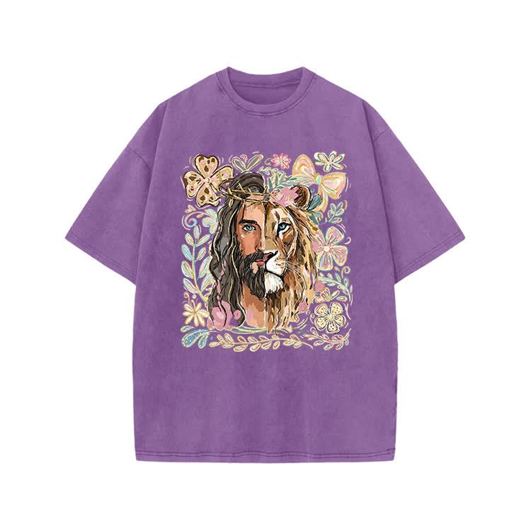 Vintage Lion Portrait Print Acid Washed T-shirt - Purple - US20-22(3XL) - image 3
