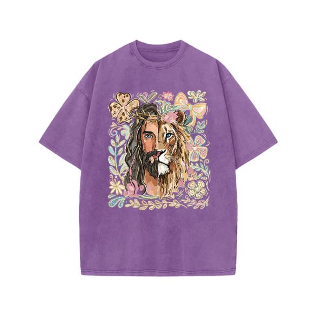 Vintage Lion Portrait Print Acid Washed T-shirt - Purple - US20-22(3XL) - image 3