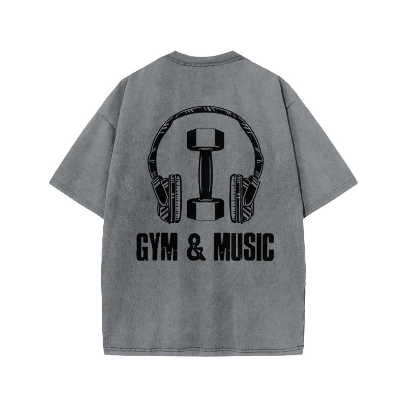 100% Cotton GYM & MUSIC Gym Print Acid Washed T-shirt - Grey - US20-22(3XL) - image 4