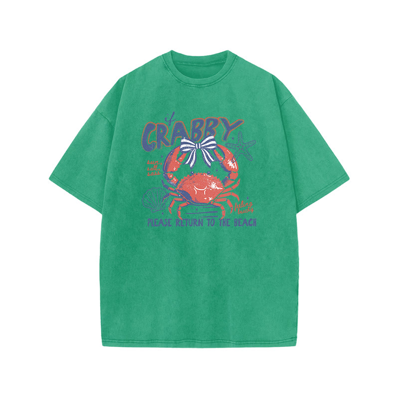 If Crabby Please Return To The Beach Print Acid Washed T-shirt - Green - US20-22(3XL) - image 8