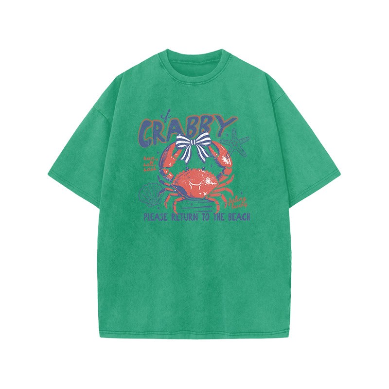 If Crabby Please Return To The Beach Print Acid Washed T-shirt - Green - US20-22(3XL) - image 8