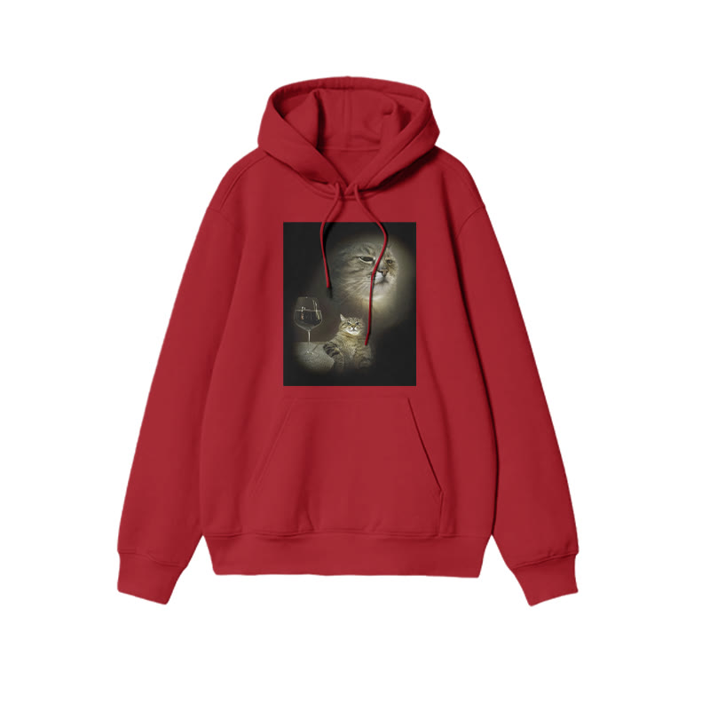 Unisex 100% Cotton Cat And Wine Print Hoodie - Red - US16-18(2XL) - image 8