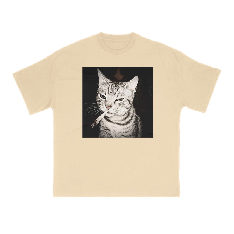 Unisex 100% Cotton Smoking Tabby Cat Print T-shirt - Apricot - US16-18(2XL) - image 5