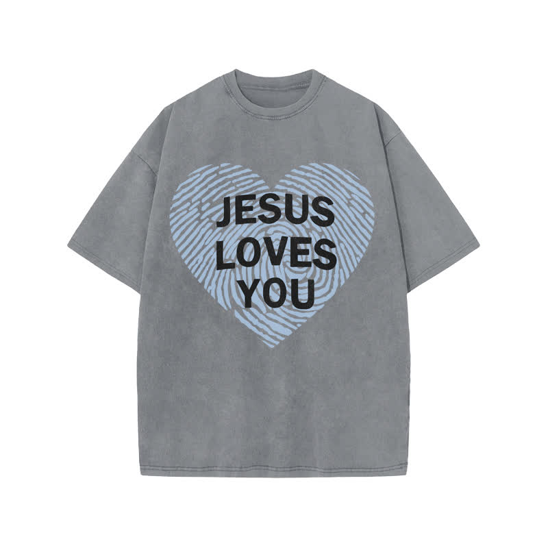 Unisex 100% Cotton JESUS LOVES YOU Print Acid Washed T-shirt - Grey - US20-22(3XL) - image 4