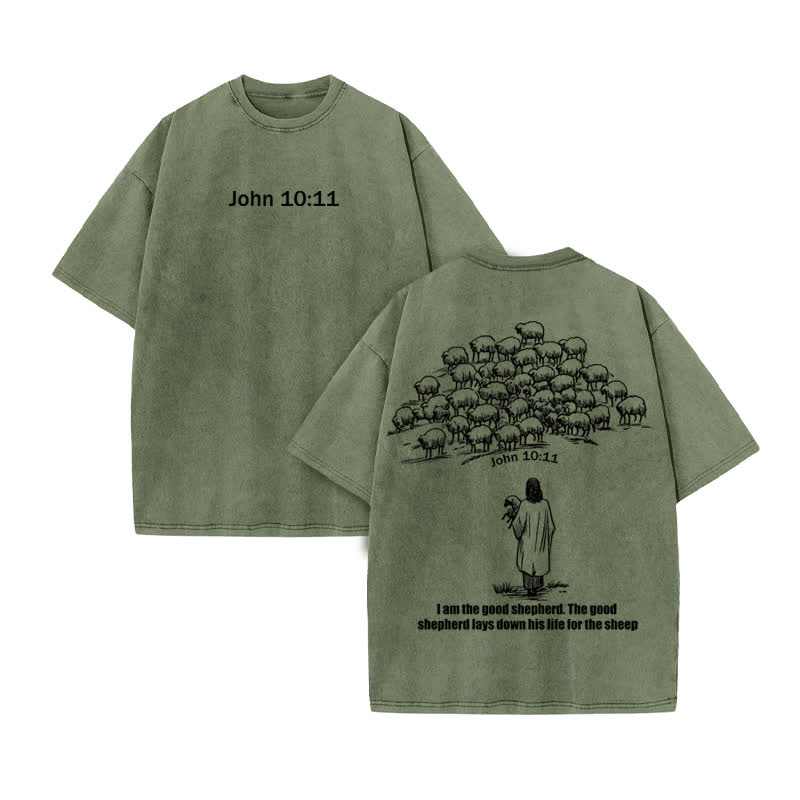 Unisex John 10:11 Print Acid Washed T-shirt - Army Green - US20-22(3XL) - image 6
