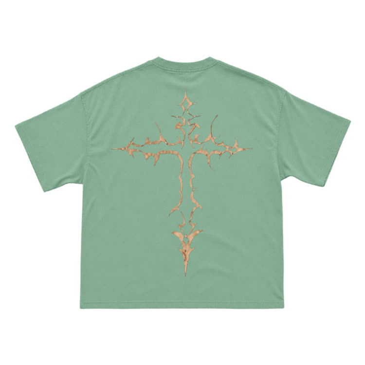 Gothic Thorn Cross Back Graphic T-Shirt - Light Green - US16-18(2XL) - image 5
