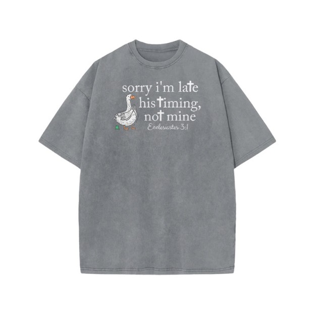 Unisex Sorry I'm Late, His Timing, Not Mine Ecclesiastes 3:1 Print Acid Washed T-shirt - Grey - US20-22(3XL) - image 4