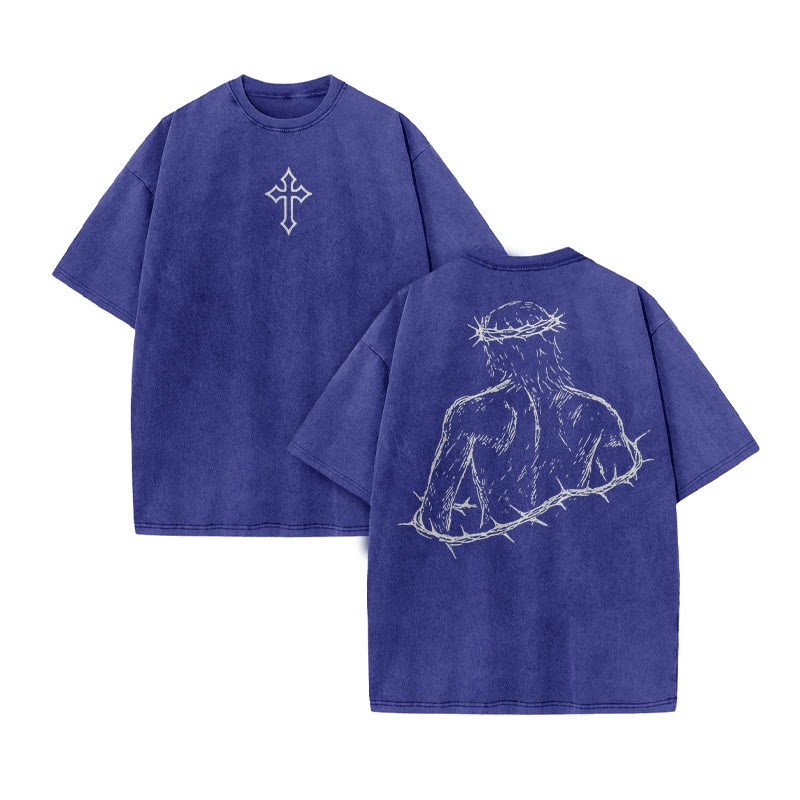 Unisex Not Forsaken Cross Print Acid Washed T-shirt - Blue - US20-22(3XL) - image 10