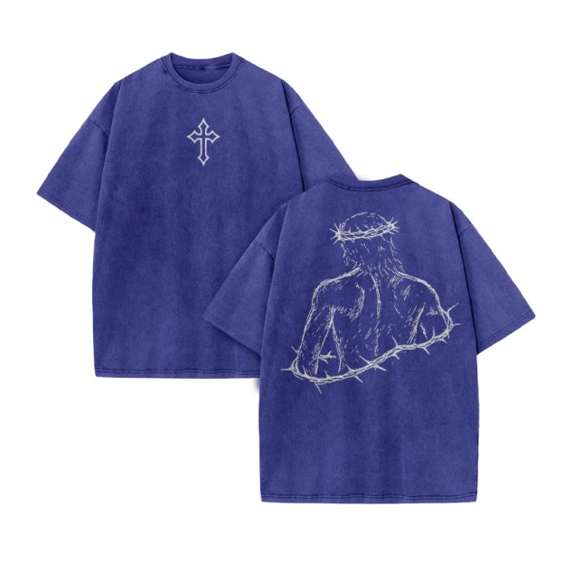Unisex Not Forsaken Cross Print Acid Washed T-shirt - Blue - US20-22(3XL) - image 10