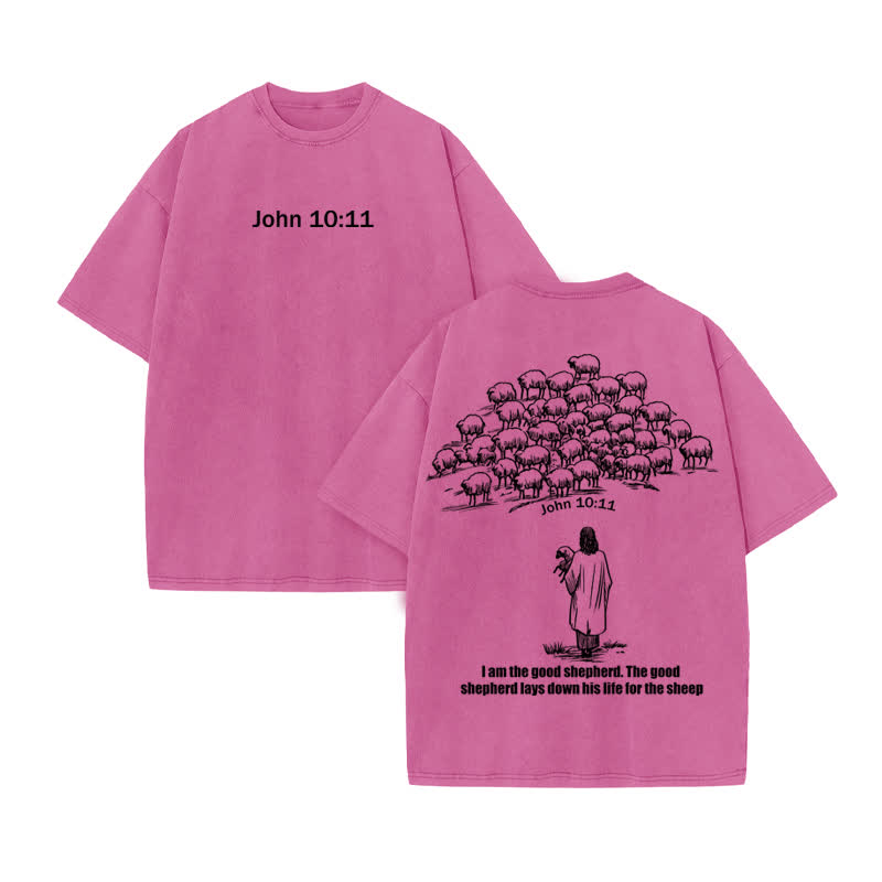 Unisex John 10:11 Print Acid Washed T-shirt - Pink - US20-22(3XL) - image 8
