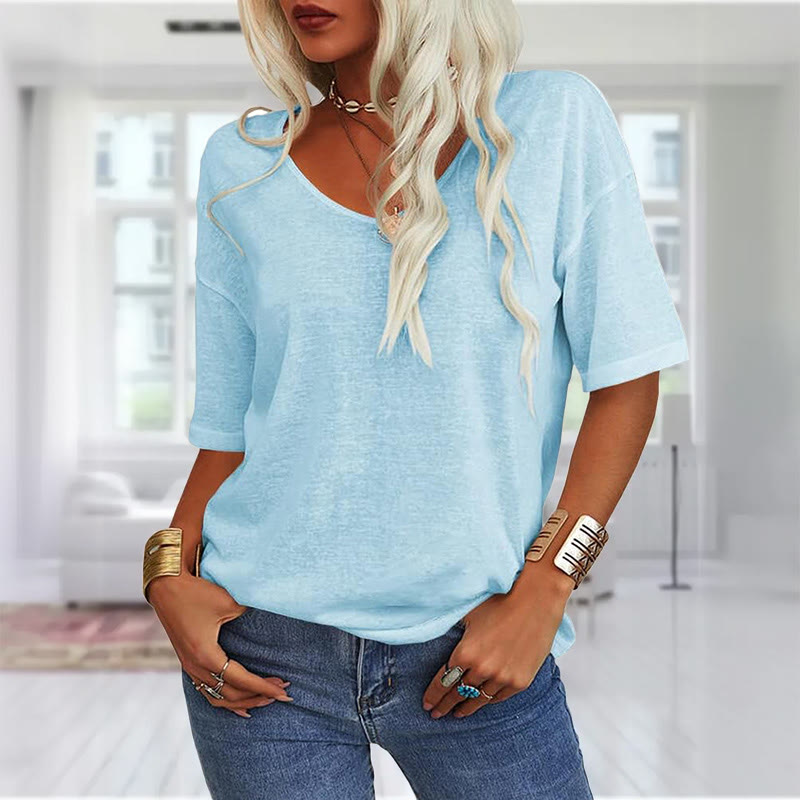 Women's casual short sleeve V-neck T-shirt - Sky Blue - 2XL - image 6