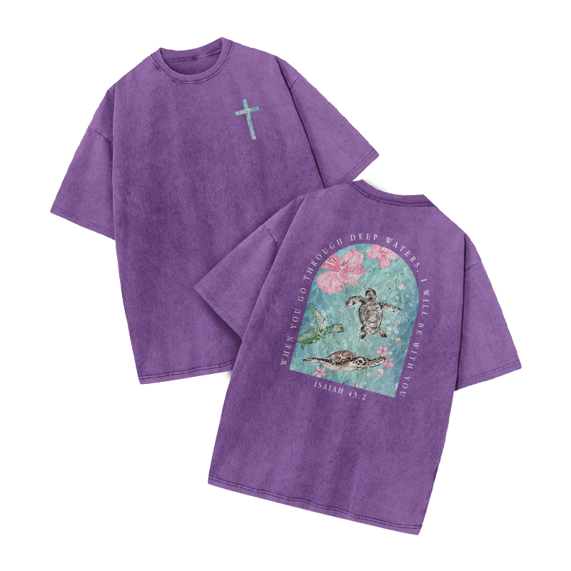 When You Go Through Deep Waters, I Will Be With You Print Acid Washed T-shirt - Purple - US20-22(3XL) - image 8