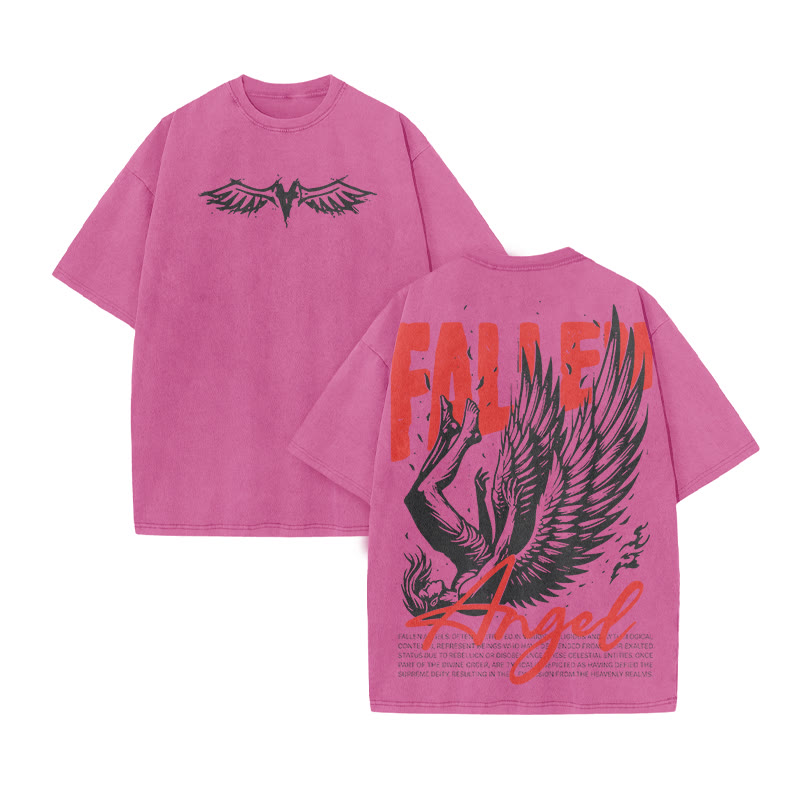 Fallen Angel Print Acid Washed T-shirt - Pink - US20-22(3XL) - image 10
