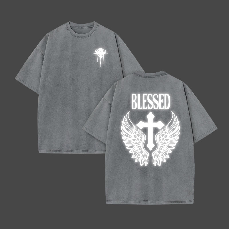 Blessed Cross Reflective Print Acid Washed T-shirt - Grey - US20-22(3XL) - image 4