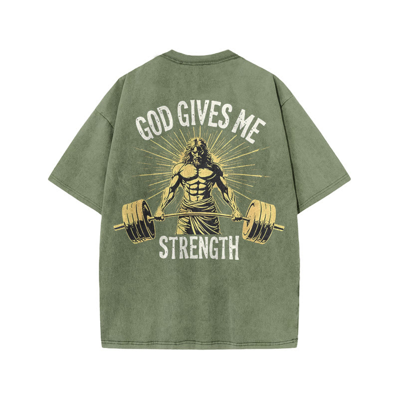 Gym 100% Cotton GOD GIVES ME STRENGTH Print Acid Washed T-shirt - Army Green - US20-22(3XL) - image 6