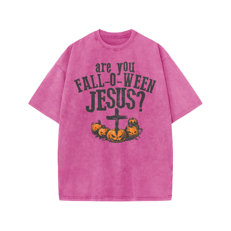 Unisex 100% Cotton Are You Falloween Jesus Print Acid Washed T-shirt - Pink - US20-22(3XL) - image 7