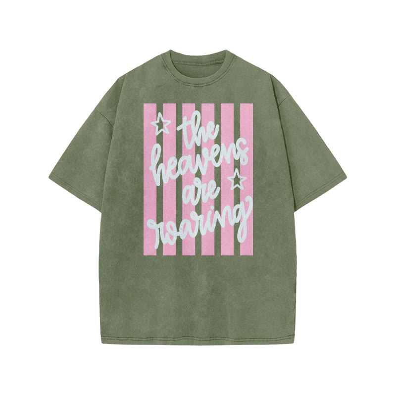 The Heavens Are Roaring Print Acid Washed T-shirt - Army Green - US20-22(3XL) - image 5