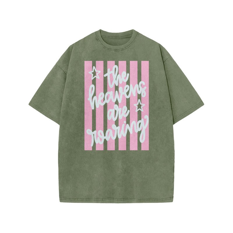 The Heavens Are Roaring Print Acid Washed T-shirt - Army Green - US20-22(3XL) - image 5