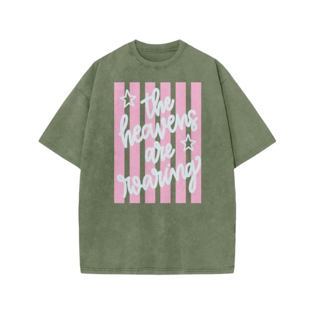 The Heavens Are Roaring Print Acid Washed T-shirt - Army Green - US20-22(3XL) - image 5