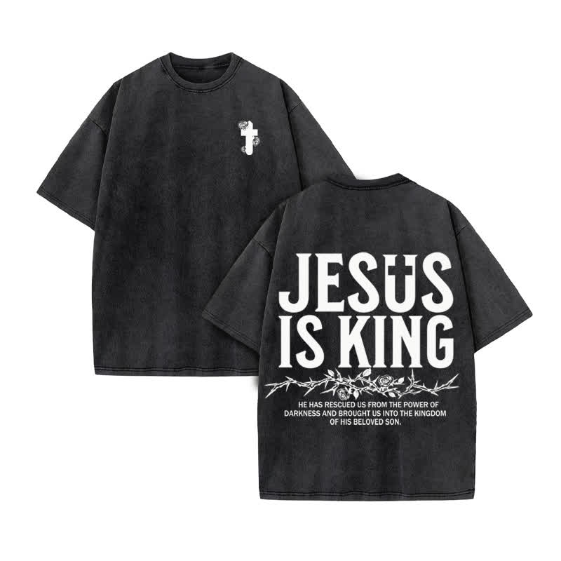 Unisex 100% Cotton Jesus Is King Flower Of Thorns Print Acid Washed T-shirt - Black - US20-22(3XL) - image 3