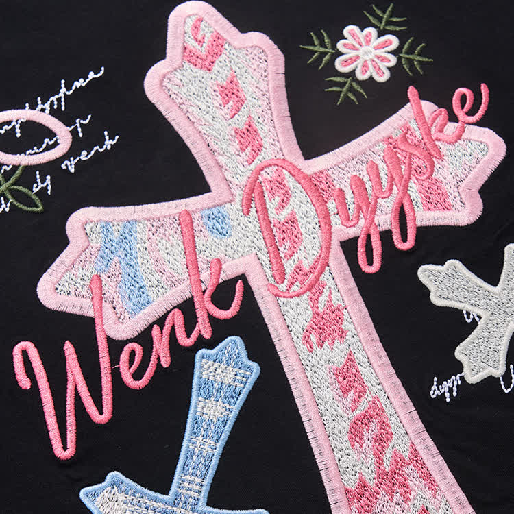 Casual Floral Script and cross Embroidered Round Neck T-Shirt - image 19