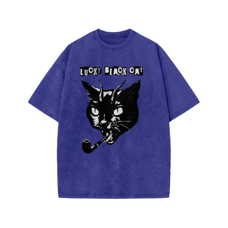 Unisex 100% Cotton Lucky Black Cat Print Acid Washed T-shirt - Blue - US20-22(3XL) - image 8