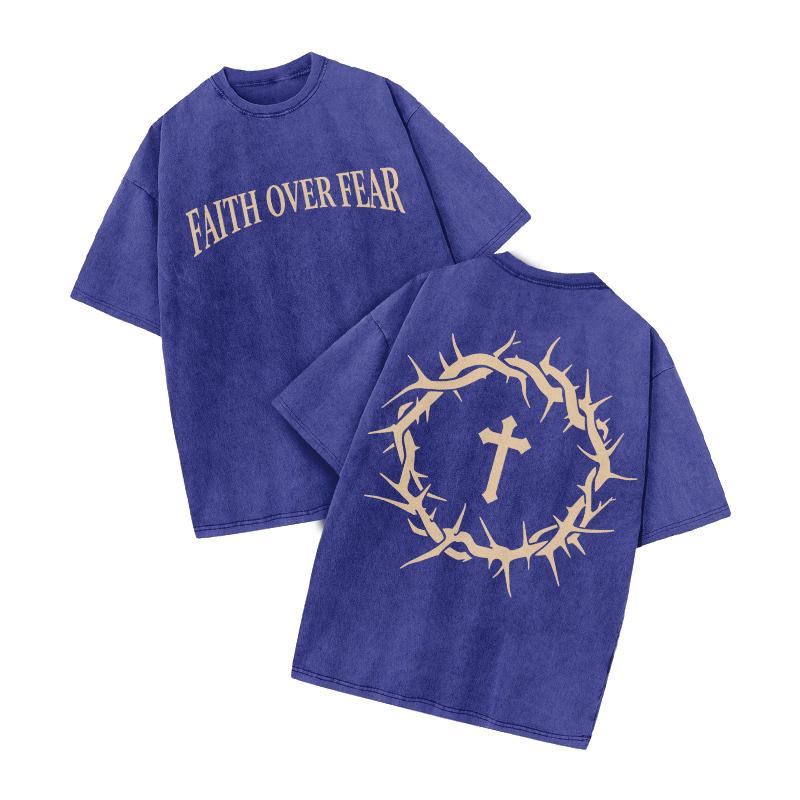 Streetwear Faith Over Fear Graphic Print Acid Washed T-Shirt - Blue - US20-22(3XL) - image 7