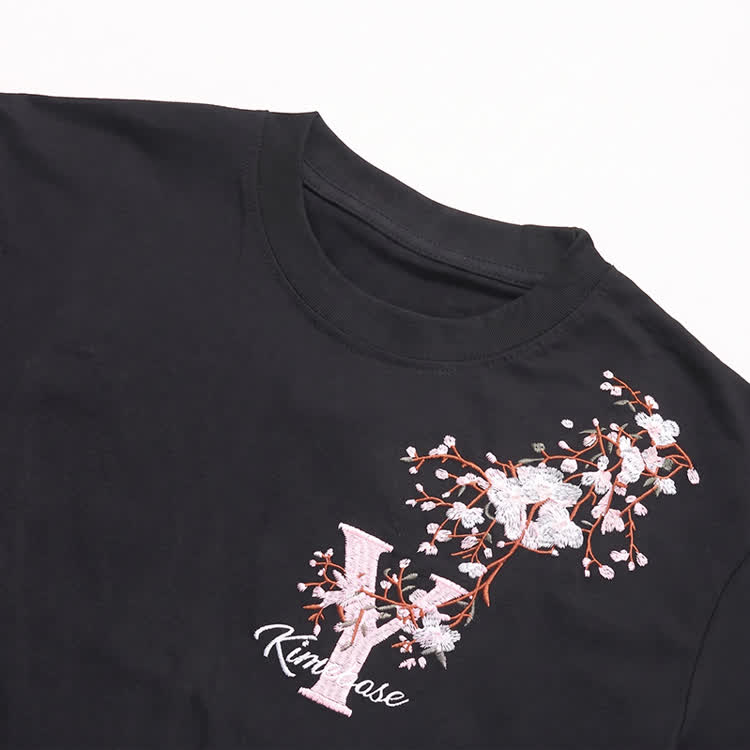 Casual Embroidered Letters Sakura Graphic Round Neck T-Shirt - image 5