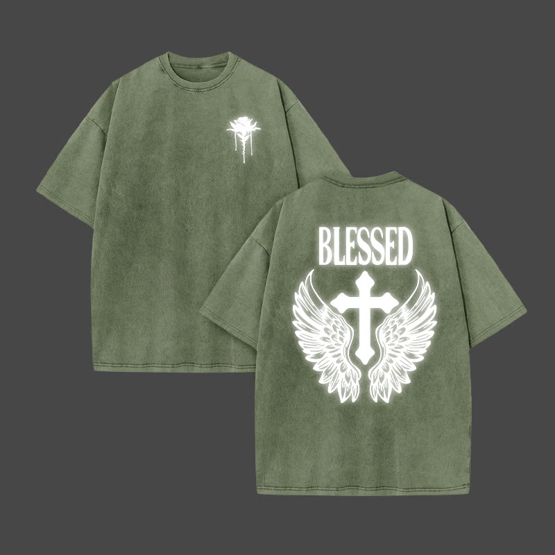 Blessed Cross Reflective Print Acid Washed T-shirt - Army Green - US20-22(3XL) - image 6
