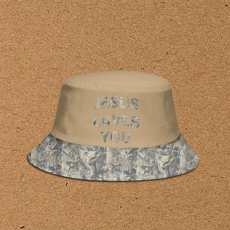 Jesus Loves You Dead Leaves Camouflage Patchwork Print Bucket Hat - Khaki - XL(62cm) - image 5