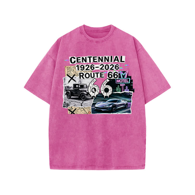 Route 66 Centennial Vintage Graphic Print Acid Washed T-shirt - Pink - US20-22(3XL) - image 8