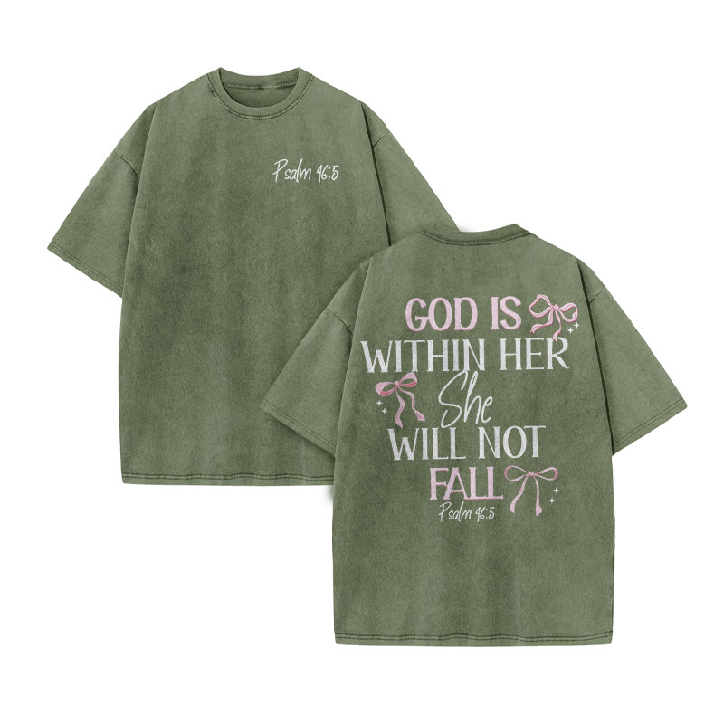 Unisex 100% Cotton Godd Is Within Her She Will Not Fall Print Acid Washed T-shirt - Army Green - US20-22(3XL) - image 5