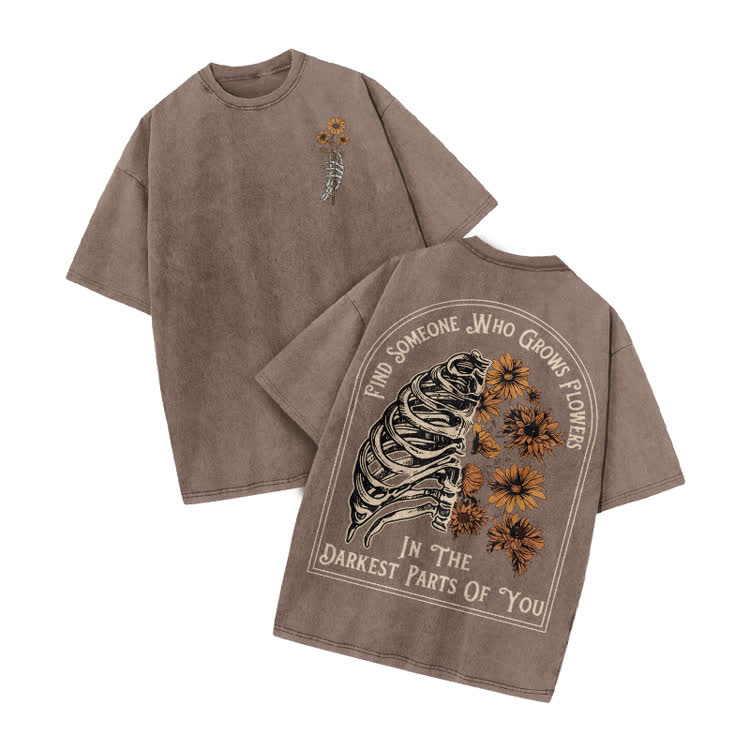 Vintage Floral Ribcage Print Acid Washed T-Shirt - Coffee - US20-22(3XL) - image 4