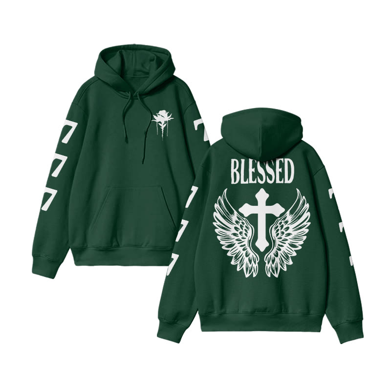 Unisex 100% Cotton Blessed Cross Wings Print Hoodie - Green - US16-18(2XL) - image 9