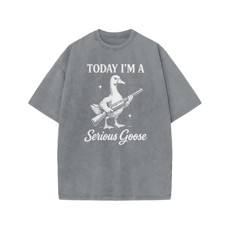 Today I'm A Serious Goose Print Acid Washed T-shirt - Grey - US20-22(3XL) - image 3