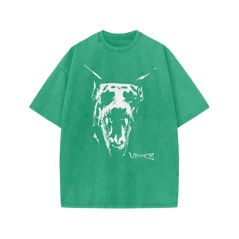 Roaring Doberman Print Acid Washed T-shirt - Green - US20-22(3XL) - image 7