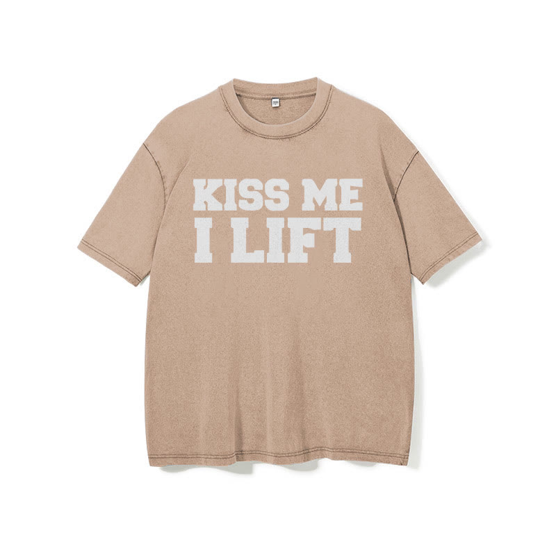 100% Cotton Kiss Me I Lift Printed Washed Gym T-shirt - image 9