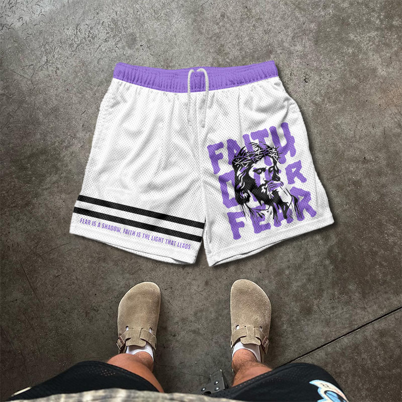 Fear Is A Shadow,Faith Is The Light That Leads Print Mesh Shorts - White - 5XL - image 1